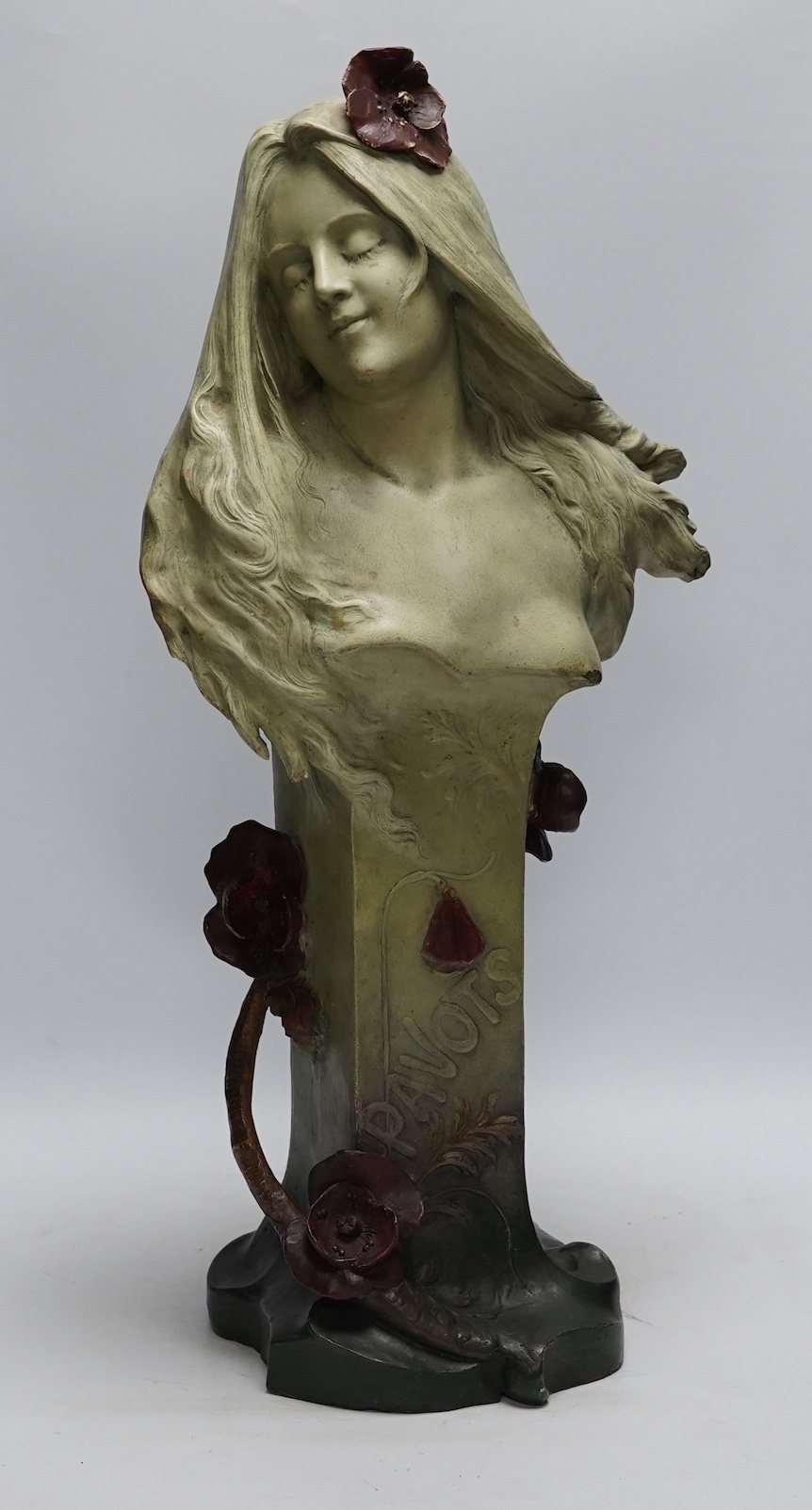 Rene Charles Masse (French, 1855-1913), an Art Nouveau figural terracotta bust 'Pavots', modelled with poppies in her hair and around the plinth, signed, 31cm wide, 63cm high. Condition - fair